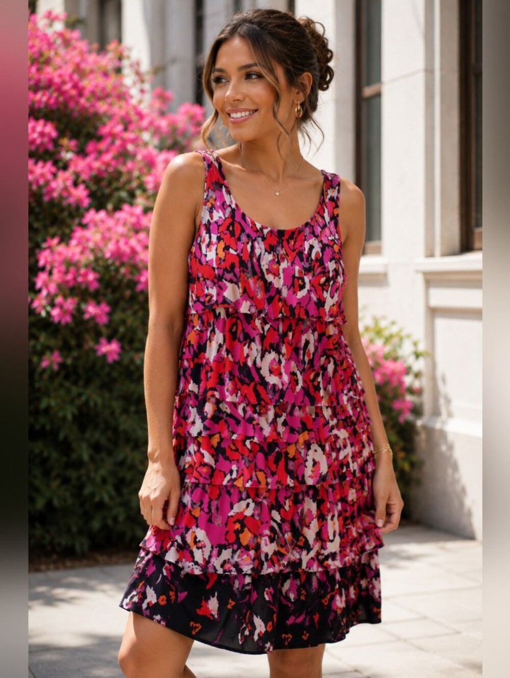 Notations Abstract Print Sleeveless Tiered Ruffle Dress